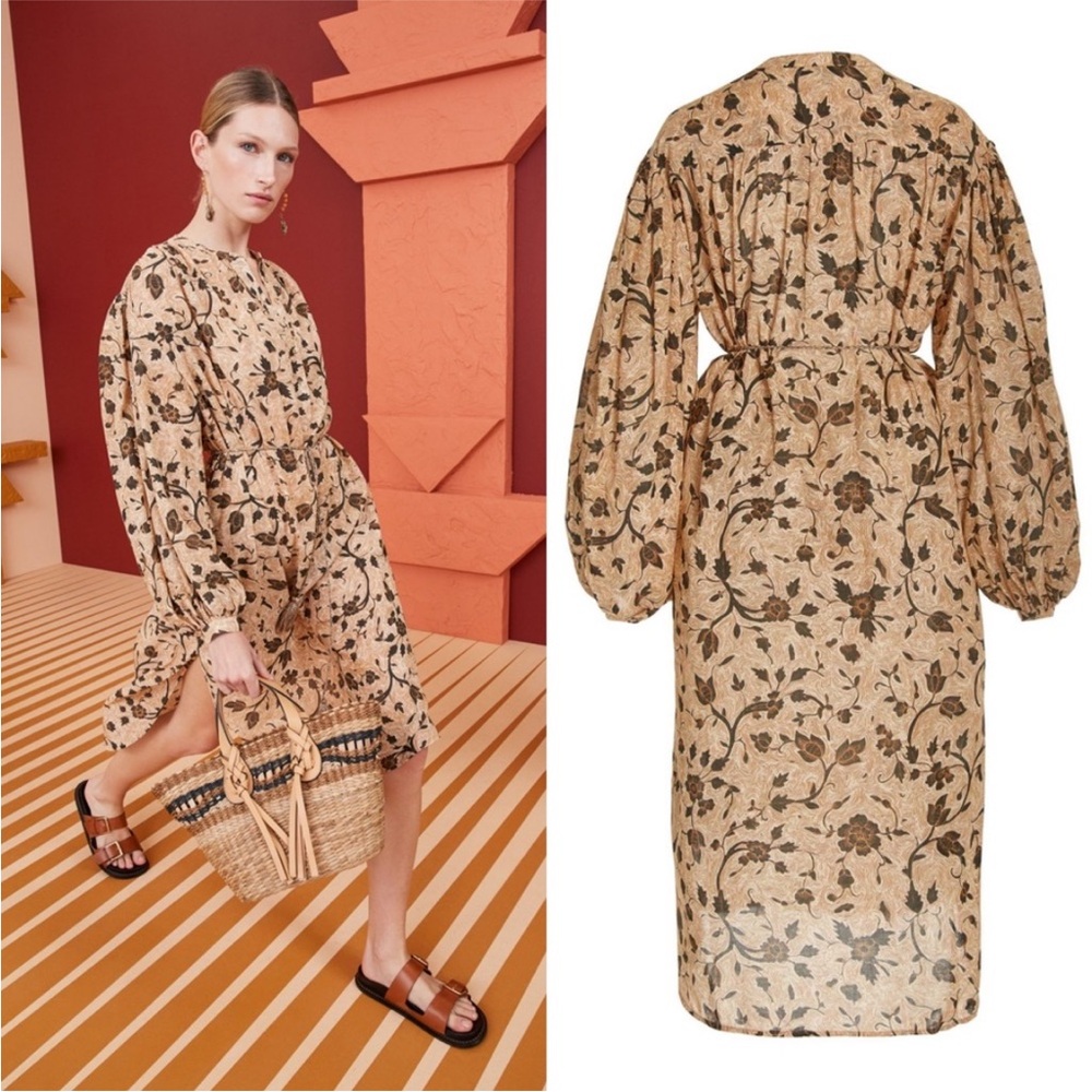 ULLA JOHNSON Agadir Cover-Up Midi Floral Pattern Dress Tassel Tie Puff Sleeve‎ S